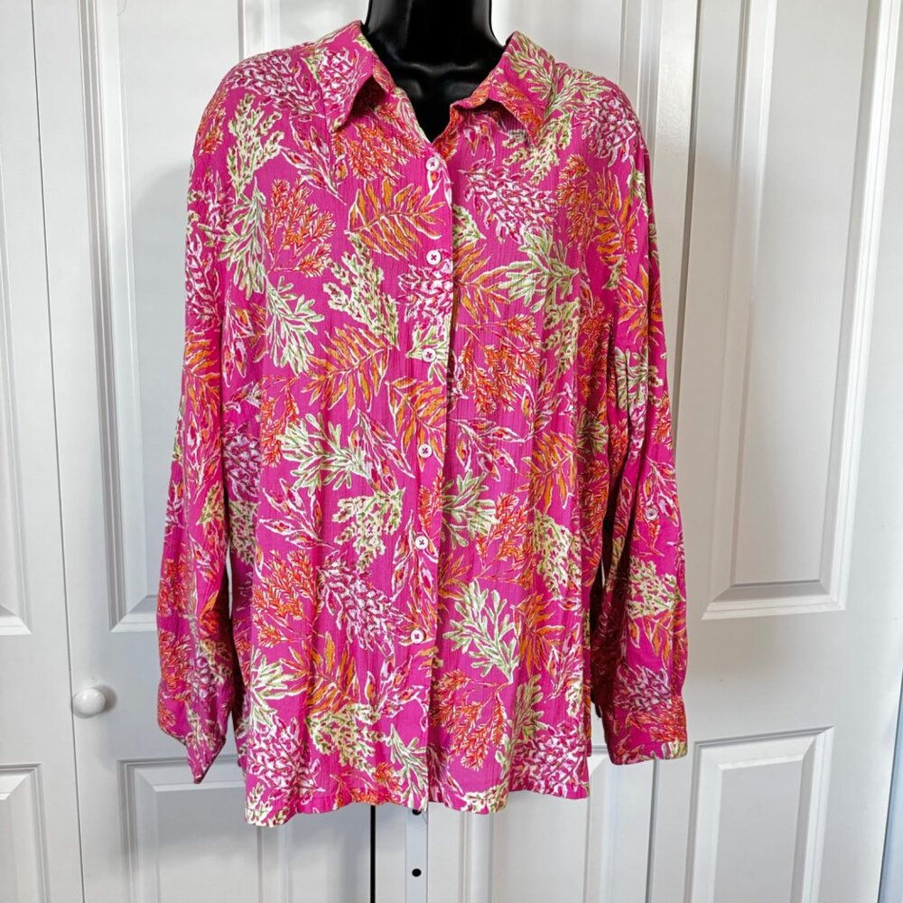 Appleseeds Womens Blouse 2X Pink 100% Crinkle Cotton Button Up Shirt